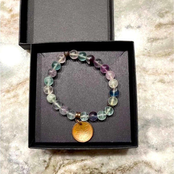 Penny bracelet. Stretch. Natural stone beads. Purple. Teal. Pink. Comfortable - Picture 2 of 3